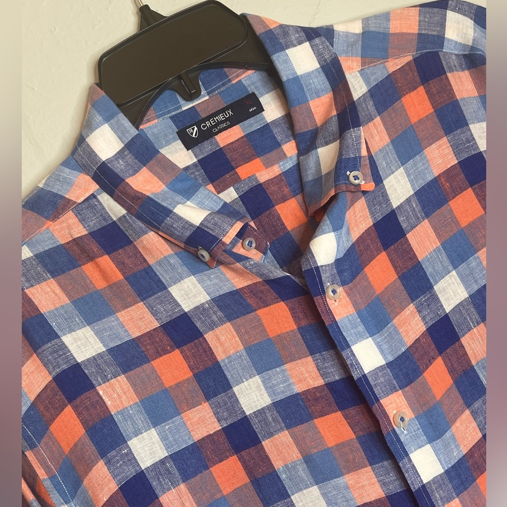 Cremieux Classic XL Men's Short Sleeve Linen Button Up Blue Orange White Shirt